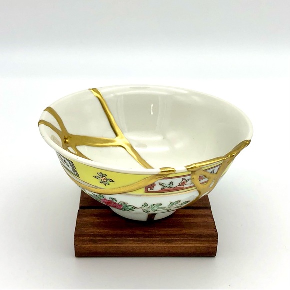 Kintsugi Bowl Chinese Jingdezen Floral Gold Crack Japanese Personal Growth Gift - Picture 13 of 17